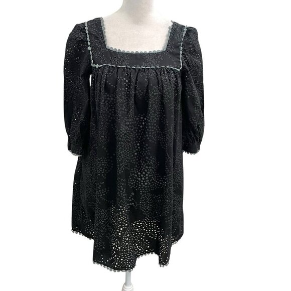 Rebecca Taylor Eyelet Square-Neck Puff Sleeve Mini Dress Cocktail Black size 2 - Picture 1 of 8